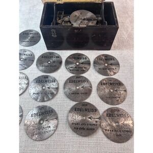 Antique Edelweiss  Disc Music Box c. 1900s Germany in wooden box, mult. discs